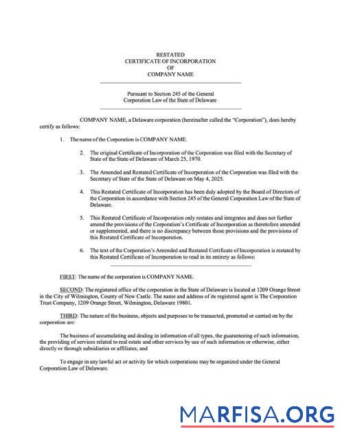 Printable USA Delaware certificate of incorporation Word and PDF template, version 3